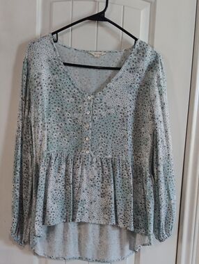 Y2K Sim & Sam Floral Peplum Top Long Sleeve Boho Hi-Low Blouse Size M